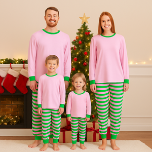 Pigiami Natalizi 2025 in Cotone e Spandex, Set Famiglia a Righe Rosa e Verdi per Ragazze, Ragazzi, Bambini e Neonati, 2 Pezzi, Coordinati Mamma e Papà - Product Image 1
