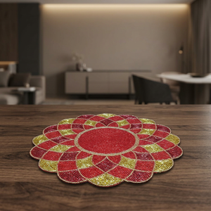 Camino de Mesa Bordado con Diseño Floral Bohemio, Rojo y Dorado, Poliéster, Decoración para el Hogar, Lavable - Product Image 5