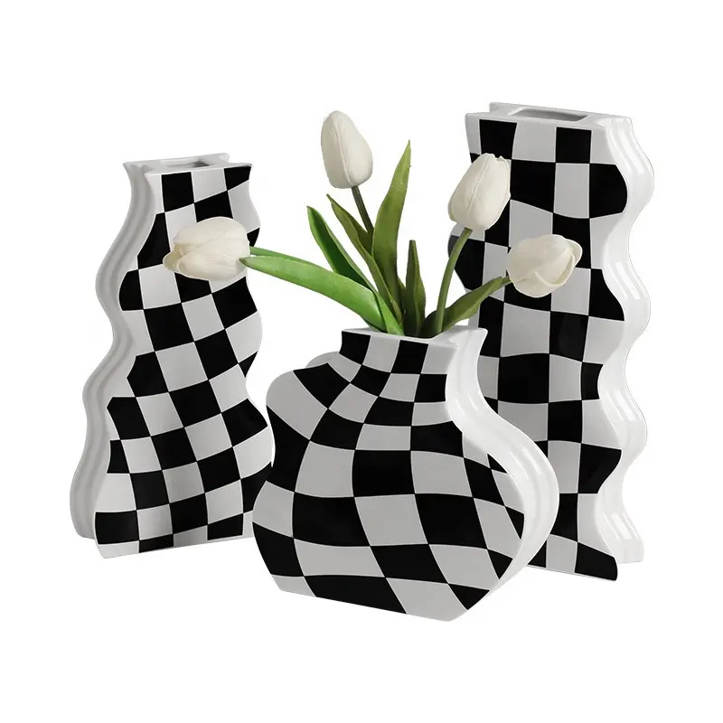 クリエイティブチェッカーボードins装飾リビングルームフラワーアレンジメントブラックホワイトヴィンテージ花瓶レトロチェッカーセラミックチェッカー花瓶