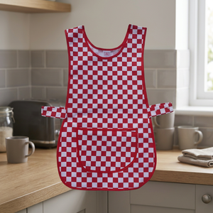 Tablier de travail en coton à carreaux rouges et blancs, tablier de cordonnier avec poche, uniforme unisexe pour restaurant et bar, en tissu tissé - Product Image 1