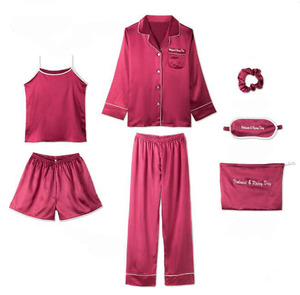Ensemble de pyjamas 7 pièces en <span class=keywords><strong>satin</strong></span> de soie pour femmes Pyjamas de couleur unie Vêtements de nuit pour femmes - Product Image 6