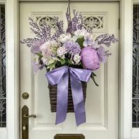 Nouvelle collection Printemps/Été transfrontalière : Panier de fleurs artificielles en plastique fait main, couronne à suspendre à la porte, pivoine et hortensia de haute qualité