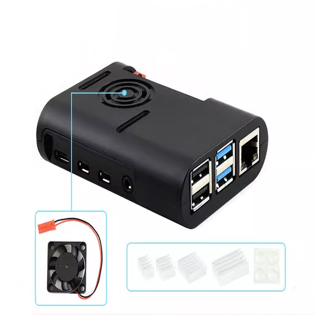 Raspberry PI 4B Black injection molded case ABS material Dust proof with cooling fan and heat sink