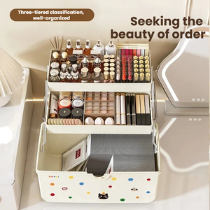 Boîte de rangement portable multi-couches en PP pour cosmétiques et médicaments, grande capacité, <span class=keywords><strong>avec</strong></span> poignée et verrou, pour bureau - Product Image 1