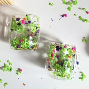 Tasse à café créative en verre double paroi, en borosilicate, écologique, moderne, résistante à la chaleur, avec effet sable mouvant et fleurs séchées - Product Image 4