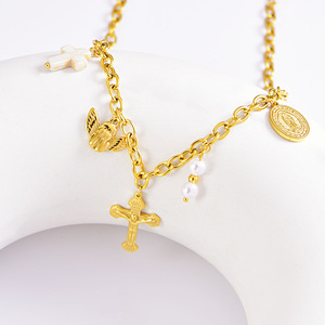 Collana pendente Vintage in acciaio inossidabile con angelo e perle 18K placcato oro Christian <span class=keywords><strong>Cross</strong></span> collana da donna - Product Image 3