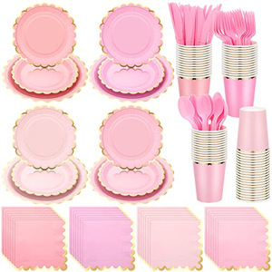 Kit de fournitures de fête jetables, assiettes, gobelets, serviettes et ustensiles en papier multicolores pour célébrations - Product Image 5