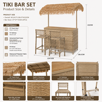 Ensemble de bar de jardin en rotin tressé de style Tiki avec toit en chaume, 2 tabourets de bar et structure en acier