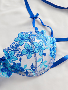 Conjunto de lencería sexy con bordado floral azul, sujetador con aros de malla transparente y bragas tipo tanga con lazo lateral, conjunto de lencería de encaje, conjunto de sujetador sexy - Product Image 5