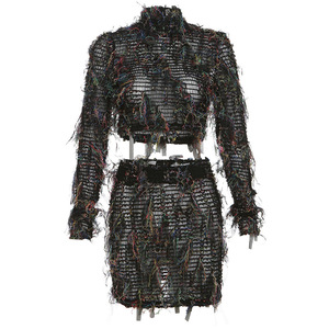 Personalized Street Hipster <b>Sexy</b> Slim Tassel Hollow Out Short Skirt Women's 2 Piece <b>Set</b> Fashion - Product Image 2