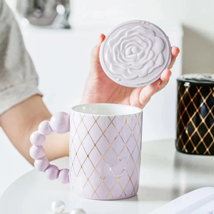 Nordic Camellia Pearl Handle Mug Lid Spoon 400ml Capacity Dishwasher Microwave Safe Customized Color Cartoon Pattern Ceramic - Product Image 3