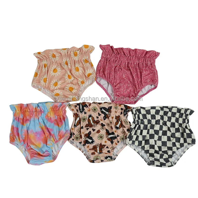 New Arrivals Kids Girls Western Print Bloomers Flower Plaid Pattern Pleated Toddler Baby Shiny Bloomies Shorts