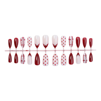 Faux ongles à presser bordeaux avec motif cœur, nœud et carreaux, style French Manucure, pour la Saint-Valentin et le nail art
