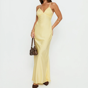 Elegant Pale Yellow Satin Maxi Dress, Thin <b>Spaghetti</b> Strap V Neck <b>Long</b> Dress for Women Wedding - Product Image 3