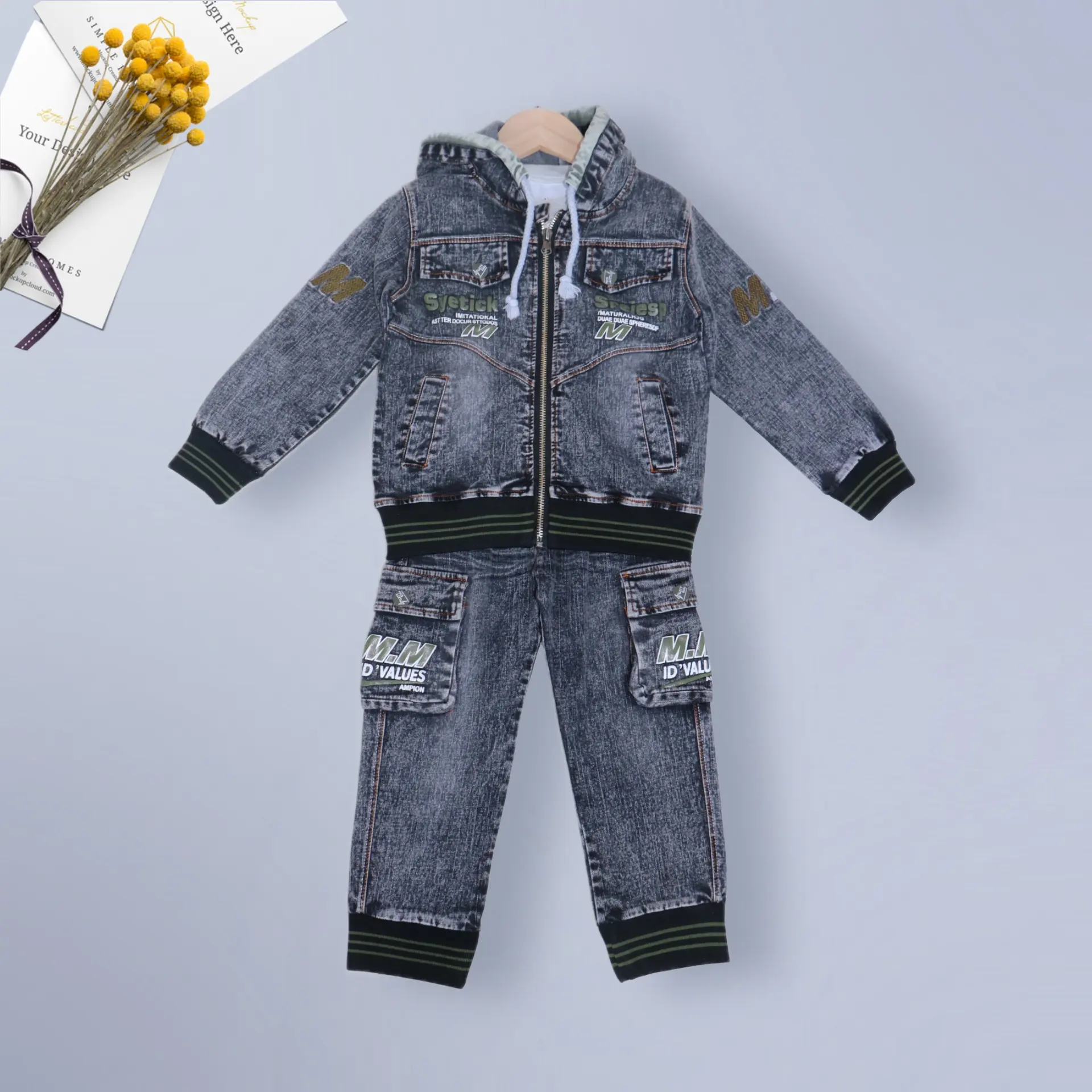 hersteller frühling neu jungen 3-teiliges denim langärmliges set kinderkleidung denim jacken set anzug baby anzug für jungen auf lager