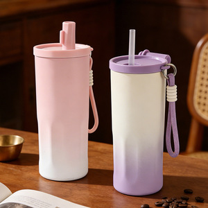 New Gradient-color Minimalist Coffee Mug Carrying Strap Straw 304 Stainless Steel Vacuum-<b>insulated</b> <b>Bottle</b> - Product Image 1
