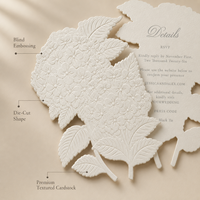 Carte d'invitation de mariage personnalisée découpée sur mesure avec motif floral gaufré à sec sur papier de luxe, impression numérique