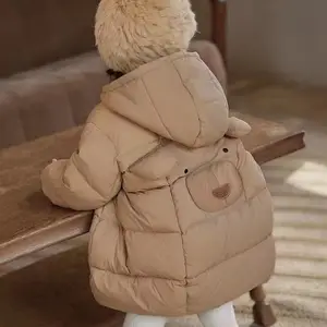 Jaket bulu angsa bayi perempuan, jaket olahraga santai empuk katun warna polos untuk anak perempuan