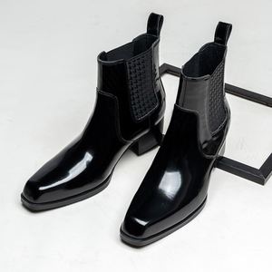 Leather Square-toe <b>Ankle</b> Chelsea Boots Men Slip-On Shiny Finish Simple Style Heightening Effect Waterproof Winter Autumn - Product Image 1