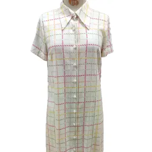 Yeni moda bahar yaz kısa kollu yaka karışık ekose keten pamuk diz boyu gömlek elbise kadınlar için