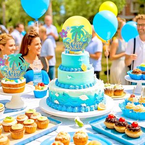 Décoration de gâteau Hawaïenne Joyeux Anniversaire avec Paillettes, Palmiers, Fleurs d'Été et Océan – Accessoires de Fête Thème Luau - Product Image 4