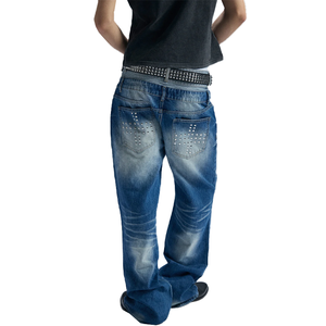 Wholesale Custom Double Waistband Ripped Denim Jeans Rhinestone <b>Rivet</b> Embellished Flare Jeans Distressed Vintage Denim Trousers - Product Image 5