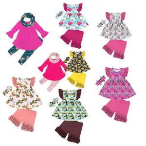 Wholesale Knit Jersey Cotton Solid Icing shorts & ruffle dress Little Girls' ClothingSets Summer Baby Clothes