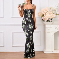 Gaun Panjang Wanita Bahan Crepe Bernapas, Model Halter Vintage Berenda Floral, High Waist Tanpa Lengan, Potongan Depan, Tali Serut, Slim Fit, Musim Semi
