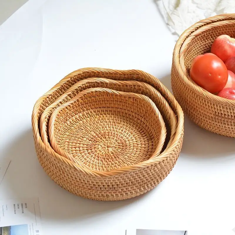 Handwoven Pequeno Pão Cestas Bandeja De Vime Comida Bandeja Tecelagem Armazenamento Titular Dinning Room Bowl Rodada Rattan Fruit Basket