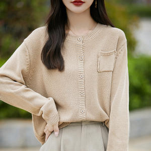 Suéter de Punto para Mujer, Cuello Redondo, Manga Larga, con Bolsillo, Corte Holgado, Transpirable, Estilo Artístico, 100% Algodón - Product Image 1