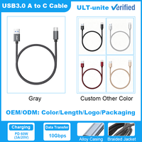 Câble USB ULT-unite 3A PD 60W à charge rapide 10 Gbit/s USB Type A vers Type C avec gaine tressée, compatible OEM LOGO, longueur et emballage personnalisables