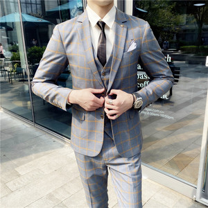 Costume trois pièces pour <span class=keywords><strong>homme</strong></span>, style coréen, à carreaux, coupe ajustée, simple boutonnage, <span class=keywords><strong>tenue</strong></span> professionnelle formelle, idéal pour le témoin de <span class=keywords><strong>mariage</strong></span> - Product Image 3
