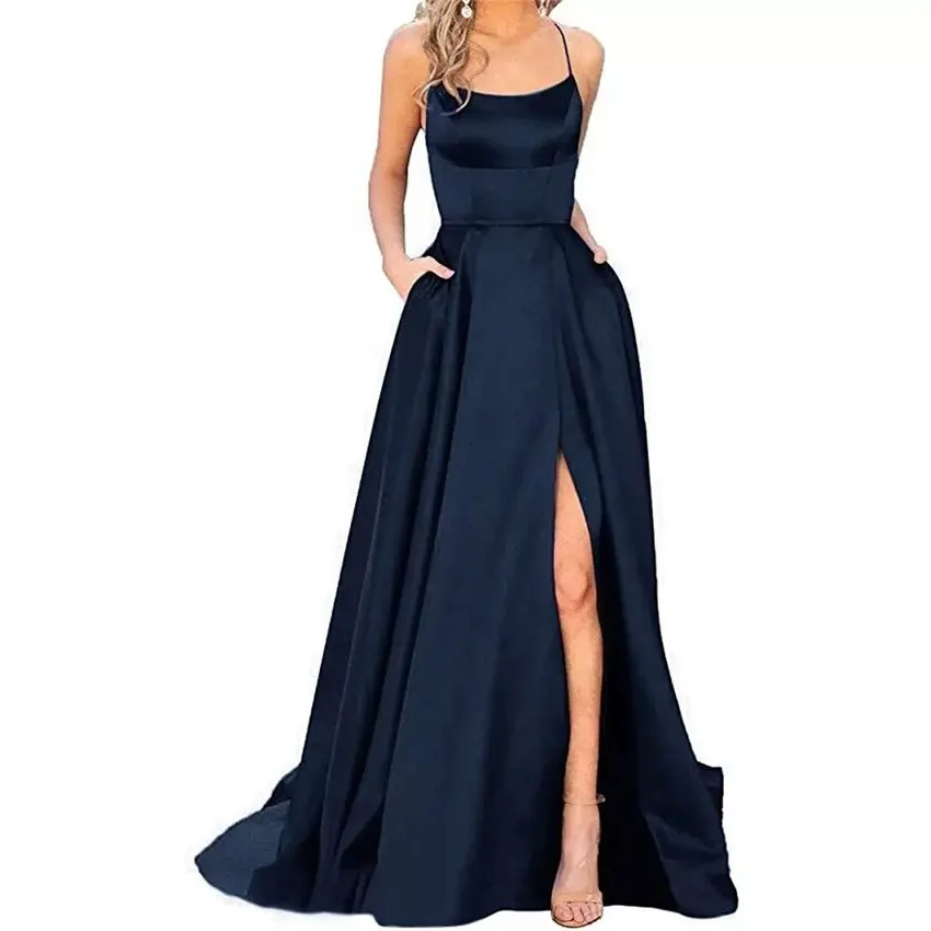 Custom Made A Line Spaghetti Strap Satin Party Gowns Simple Slit Sweep Train Prom Dresses