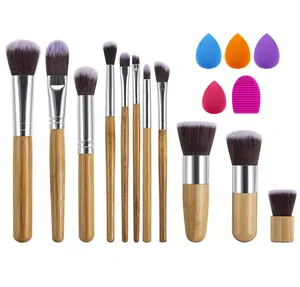 BS-MALL Cosmetische Gereedschap Sets Natuurlijke Bamboe Handvat Make-Up Kwasten Set & Make-Up Spons & Cleaning Pad