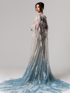 Vestido de Noche Personalizado <span class=keywords><strong>LIAN</strong></span> D10, Vestido de Gala con Capa Azul Pluma, Estilo Árabe Dubai, Cristal, Manga Larga, Vestido de Fiesta para Alfombra Roja, Encaje Natural - Product Image 5