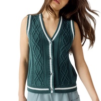 Gilet en tricot 100 % coton personnalisé, col en V, tricot torsadé, bordure contrastante, style preppy, tenues de campus, rassemblements décontractés, pull pour femme