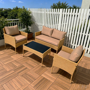 Ensemble de meubles de patio en rotin PE 4 pièces, ensemble de canapé de jardin d'extérieur avec coussins imperméables et table basse en verre pour la cour - Product Image 4