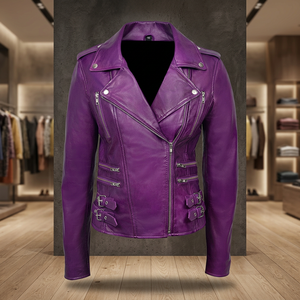 Veste moto en cuir véritable pour femme, couleur violette, col montant, manches longues, fermeture éclair, style automne - Product Image 3