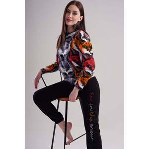Ensemble de pyjama pour femme en polaire à imprimé loup, manches longues, vêtements de nuit décontractés doux, noir, 2 pièces - Product Image 3