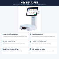Caisse enregistreuse, terminal de point de vente, système de point de vente tout-en-un, reconnaissance IA, écran tactile 15,6 pouces, balance intégrée, Intel I3, Windows