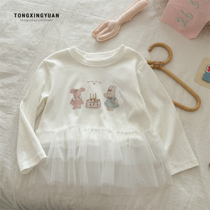 Tongxingyuan Baby Girls Long Sleeve T-Shirt With Lace Hem Cartoon Print Breathable Spring Autumn Top - Product Image 5