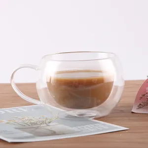 Tazze da caffè in vetro borosilicato trasparente da 12 once all'ingrosso tazze da caffè in vetro a doppia parete tazze da caffè a strato isolato con manico
