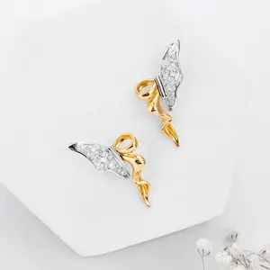 HAIKE Original 925 Sterling Silver Gold-plated Dual Color Zircon Fashionable High-end Butterfly Splicing Study Earrings