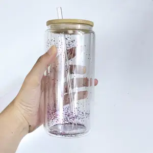 New arrival 16oz Double Wall snowglobe Clear acrylic Soda Beer Can Reusable Cold Hot Drinks plastic cans with bamboo lids