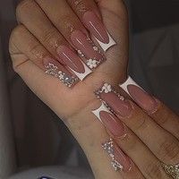 Lot de 24 faux ongles en forme de cercueil à presser, longs, en acrylique avec strass, OEM ODM, emballage personnalisé