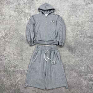 ชุดเซ็ตเสื้อฮู้ดดี้และกางเกงขาสั้นเอวสูงผ้าเฟรนช์เทอร์รี่ปักลายสไตล์สตรีทแวร์สำหรับผู้ชาย ตกแต่งด้วยคริสตัล ผ้าฝ้ายทรงหลวม - Product Image 1