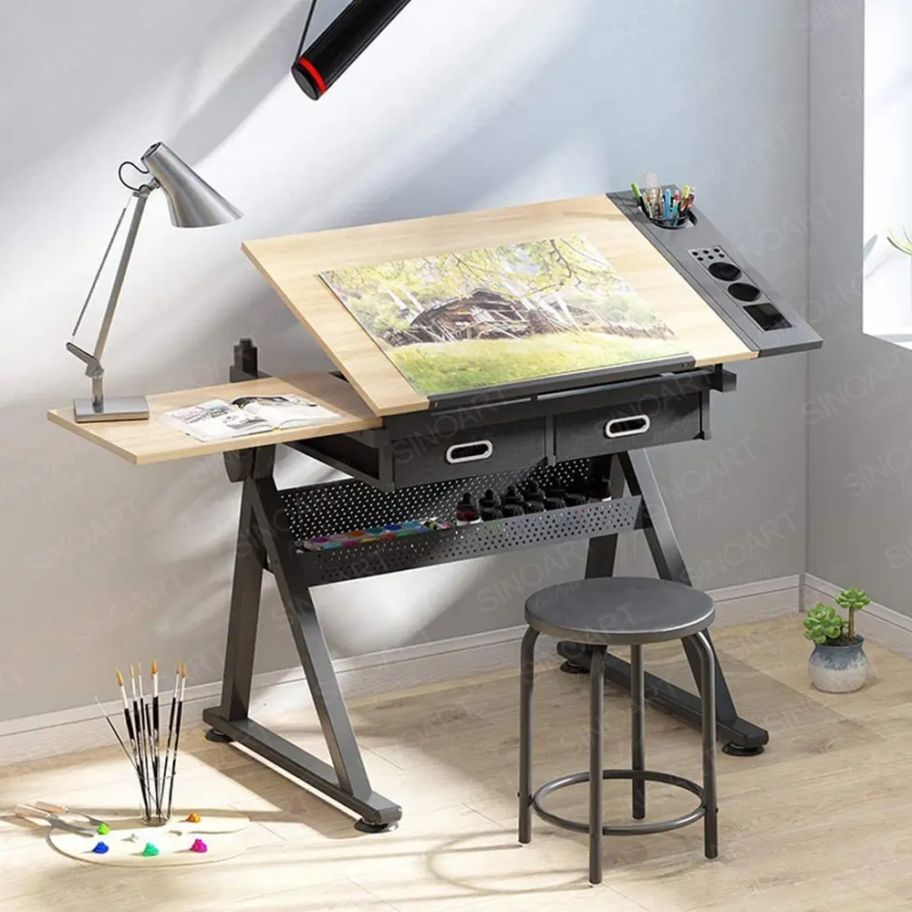 SINOART 2 Drawers Adjustable Tilting Drawing Table Wooden Drafting Drawing Table Architecture drawing table with Stool