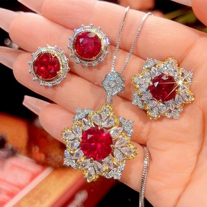 Fashion 12-10mm Red Cubic Zirconia Chinese Style Floral Necklace <b>Earrings</b> Ring 3Pcs <b>Set</b> Eco-friendly Copper Floral Jewelry <b>Set</b> - Product Image 3