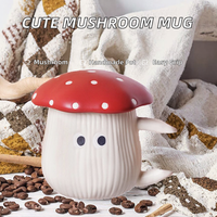 Tasse en céramique Xuzhen exquise, dessinée à la main, motif champignon, avec couvercle, grande capacité, mignonne, faite à la main, pour café et lait du petit-déjeuner