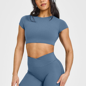 Yimo kadınlar yuvarlak boyun Backless egzersiz gömlek kadın kısa kollu kırpma Yoga üst Lady spor çabuk kuruyan koşu tişörtü - Product Image 6